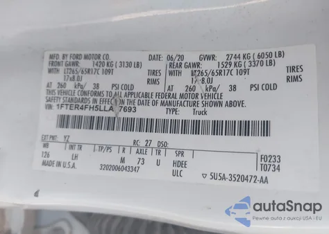 2020 Ford Ranger Xlt из США, поврежденный, VIN 1FTER4FH5LLA37693